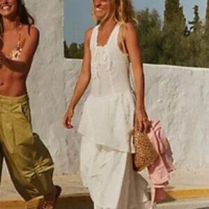 Free People In My Dreams Midi Smocked Asymmetrical Tie Tiered Dress S